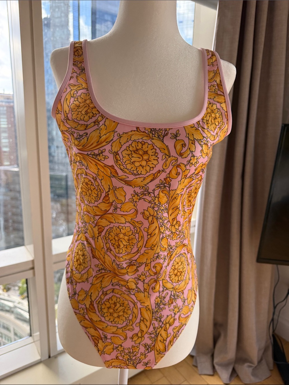 Versace Pink & Yellow Baroque Scoop-Neck Bodysuit